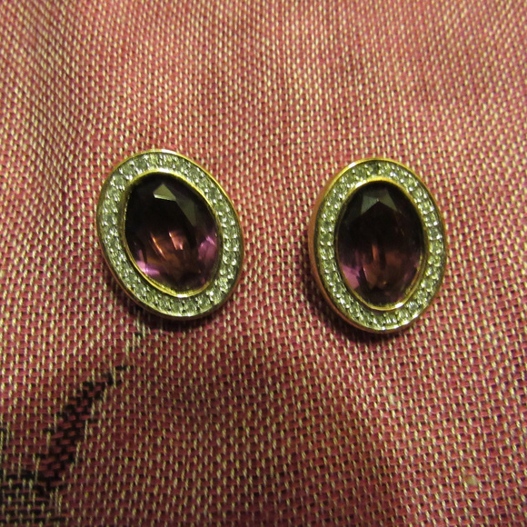 SWAROVSKI AND AMETHYST CLIP ON ERRINGS - Picture 1 of 4